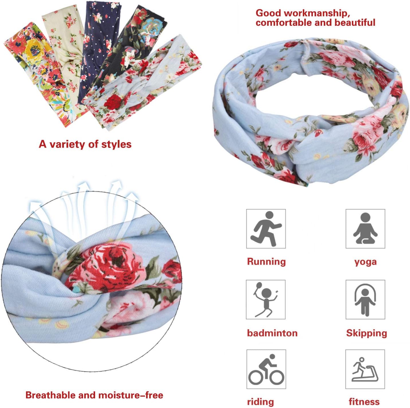 Headband Women Vintage Flower Headband Printed Head Scarf Elastic Hairband,Bandana Boho Hairbands Hair Accessories,5Pcs - Image 4