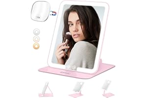 ESWU Travel Makeup Mirror with Light, Portable Folding Make Up Tabletop Mirrors with 10X Magnifying Mirror Rechargable 3 Colors Light Compact Vanity Mirror with Adjustable Stand (Pink)