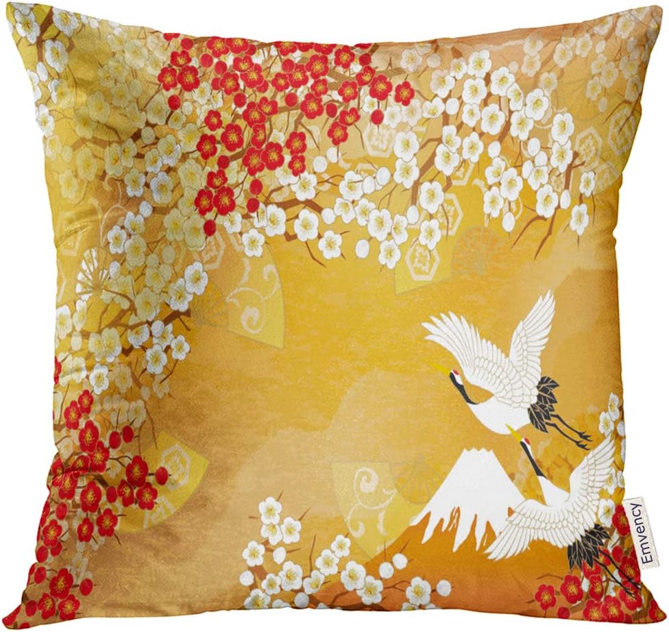 Throw Pillow Cover Japanese Beautiful Kimono of Illustrations Japan Asia Crane Decorative Pillow Case Home Decor Square 18x18 Inches Pillowcase