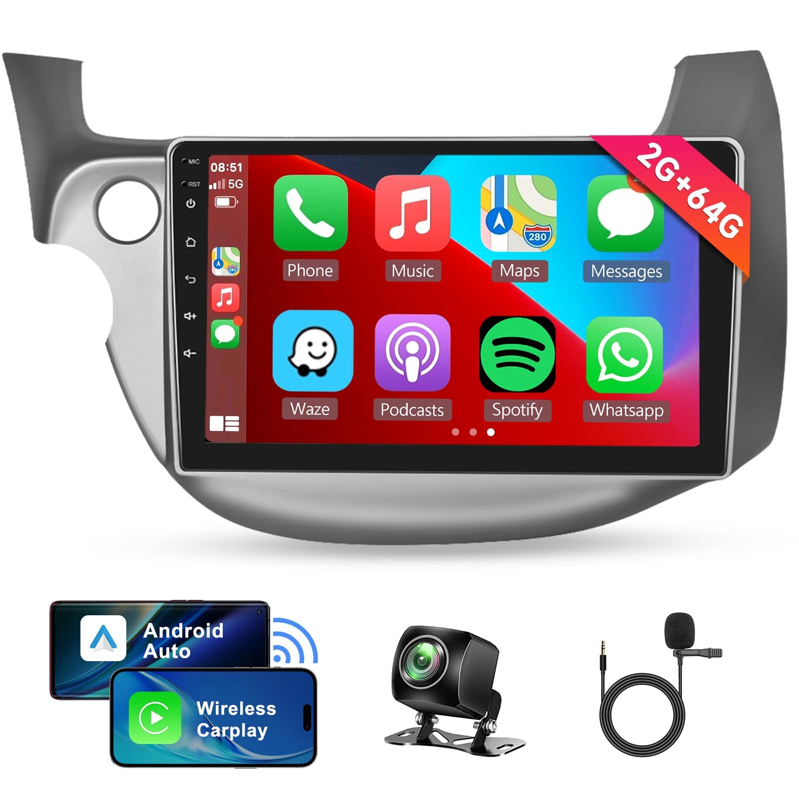 Photo 1 of 2G+64G Android Car Stereo for Honda Fit 2008-2013 with Wireless Carplay Android Auto, 10.1" Touchscreen Car Radio in-Dash with GPS Navi Bluetooth USB WiFi HiFi Audio FM/RDS SWC Backup Camera