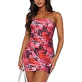 ABMOIU Women's 2026 Floral Tube Mini Dress Strapless Backless Party Club Short Ruched Bodycon Dresses