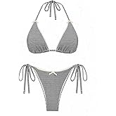 seamoly Contrast Binding Textured Halter Triangle Tie Side Bikini Set