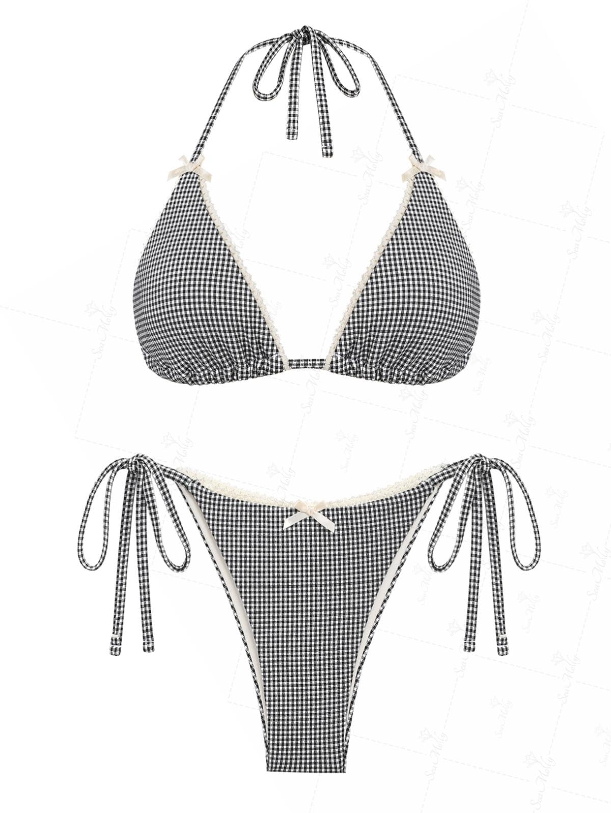 Photo 1 of seamoly Vintage Gingham Lace Trim Bowknot Decor Halter Triangle Tie Side Bikini Set, Black, S
