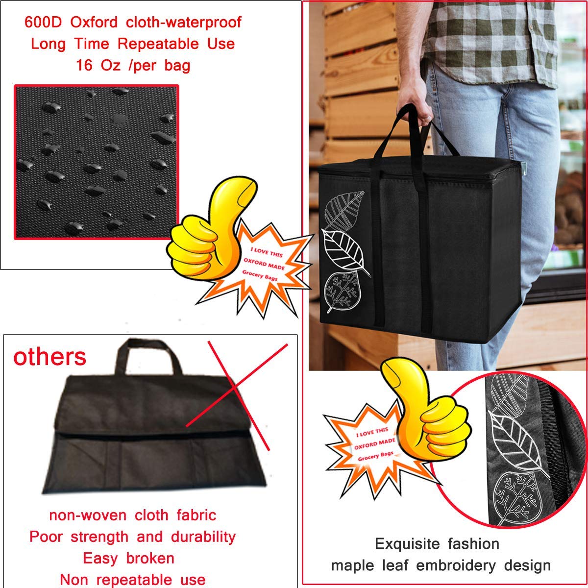 grocery bags cooler bag Insulated Food Delivery Grocery Bag (Set of 2) Collapsible Extra Large Reusable Shopping Tote Zipper TOP LID for Hot or Cold Food Reinforced - 600D Oxford Cloth Made - 32ounce