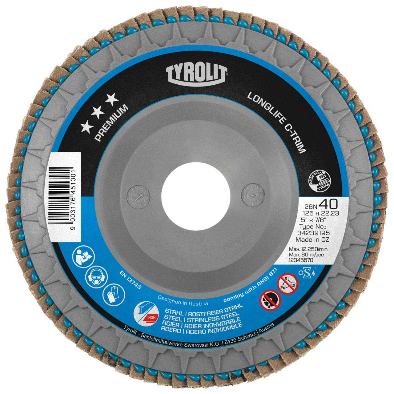 TYROLIT PREMIUM Long-Life C-Trim Flap Disc for Stainless Steel for Angle Grinders -- 125 x 22.23 mm / 40 Grit (Pack of 10)