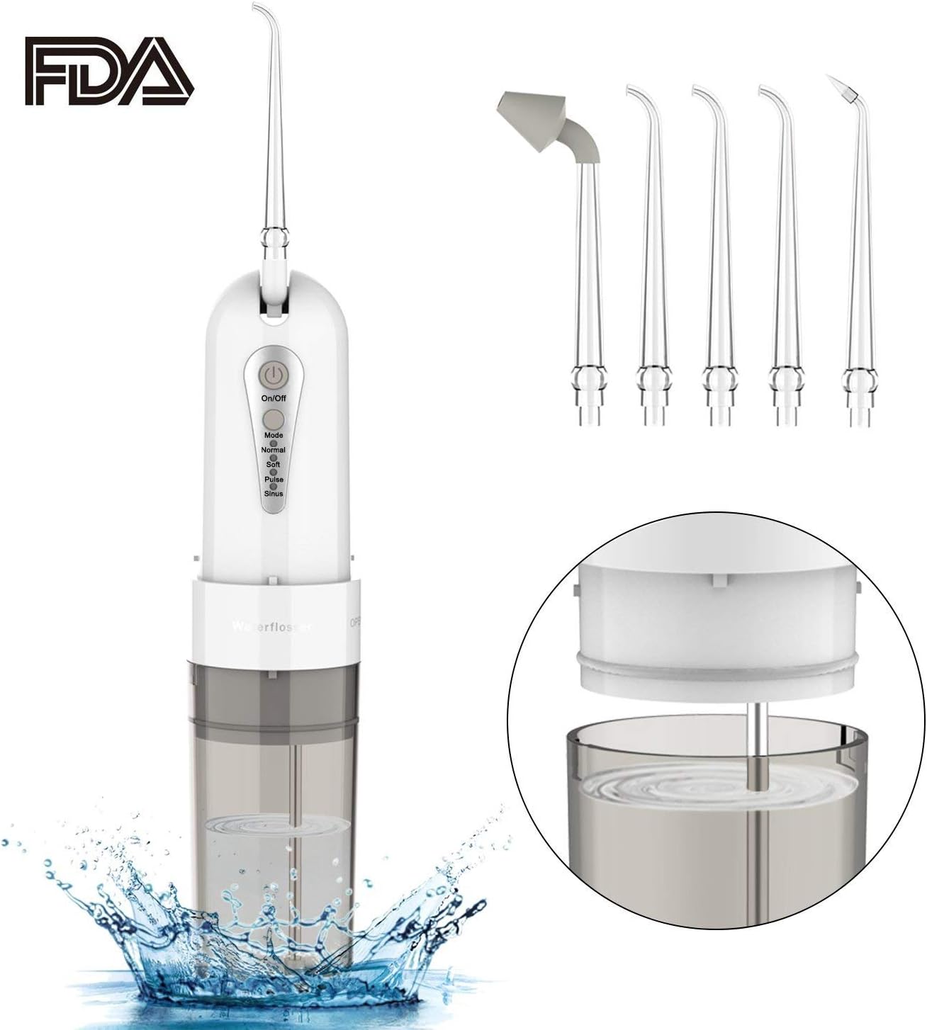 Water Flosser Cordless,LightBiz Portable Rechargeable IPX7 Waterproof Oral Irrigator With 4 Modes Nose Cleaning & 5 Jet Tips, Grey