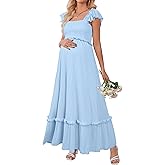 OUGES Womens 2026 Summer Maternity Photoshoot Dress Boho Maxi Smocked Baby Shower Dress Ruffle Sleeve Maternity Clothes