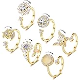 Honsny 6Pcs 14K Gold Plated Anxiety Rings for Women, Adjustable Spinner Anxiety Ring, CZ Butterfly Bee Moon Star Fidget Rings for Anxiety Stress Relief for Women