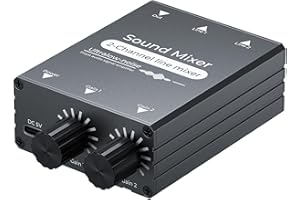 AUFLOAG 2 Channel Stereo Audio Mixer - 3.5mm Audio Interface with Dual Volume Control Knobs, Aluminum Shell, 2 in 1 Out Mini Audio Switch for PC Headphone Speaker Monitor Projector Live Streaming