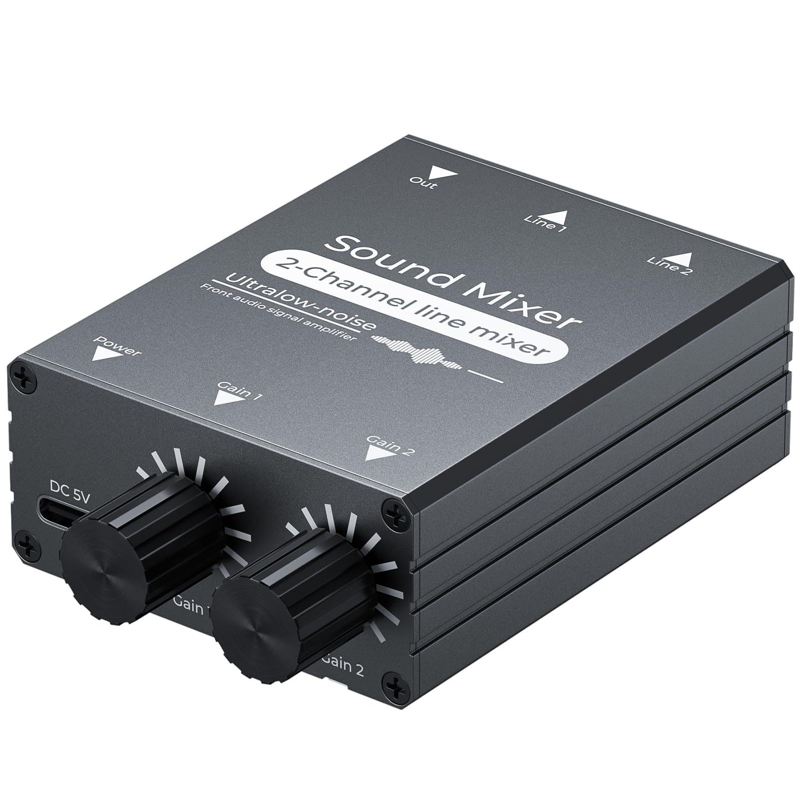 Photo 1 of 2 Channel Stereo Audio Mixer - 3.5mm Audio Interface with Dual Volume Control Knobs, Aluminum Shell, 2 in 1 Out Mini Audio Switch for PC Headphone Speaker Monitor Projector Live Streaming