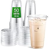 APSIC Clear Plastic Cups with Flat Lids, 50 Sets 24oz (100-Piece) Disposable PET Crystal Party Cups, Ideal for Iced Coffee, Smoothie, Milkshake, Juice, Dessert, To-Go Drinks and Cold Beverages