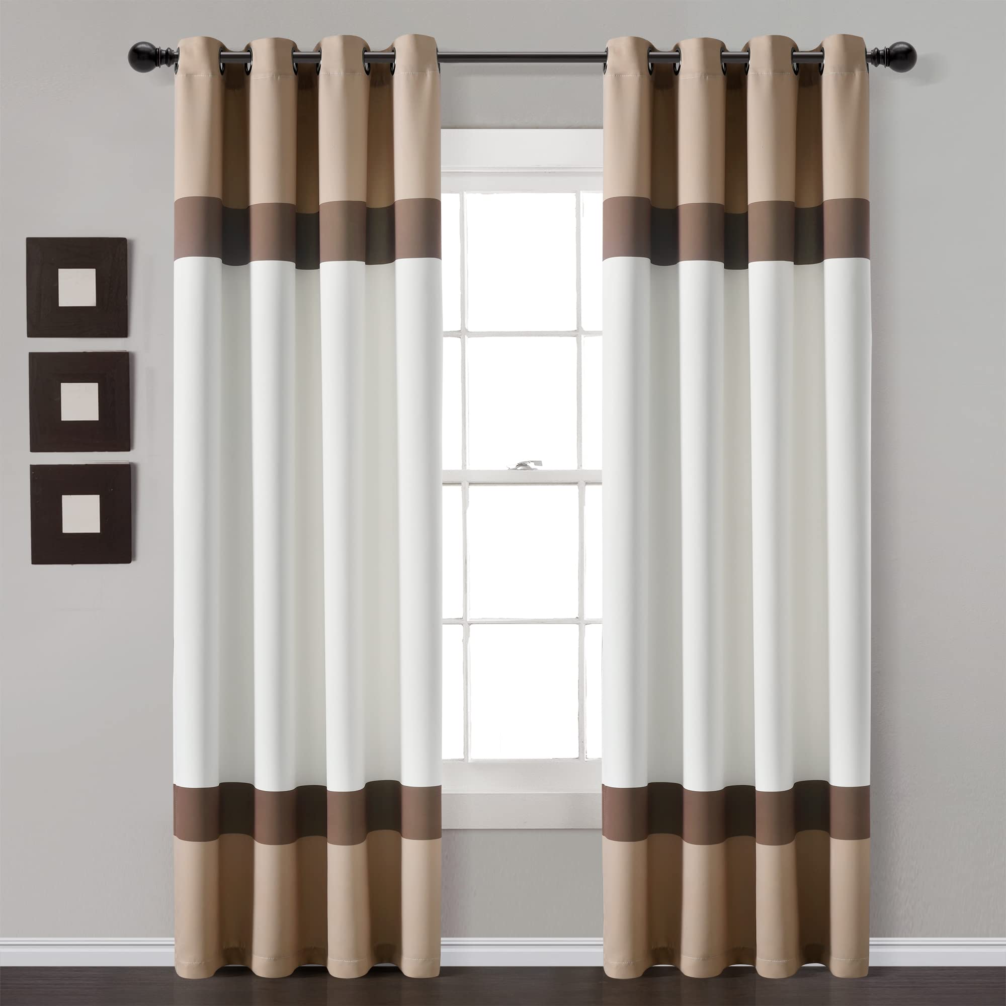 Lush Decor Alexander Color Block Light Filtering Window Curtain Panel Pair, 84" L x 52" W, Neutral