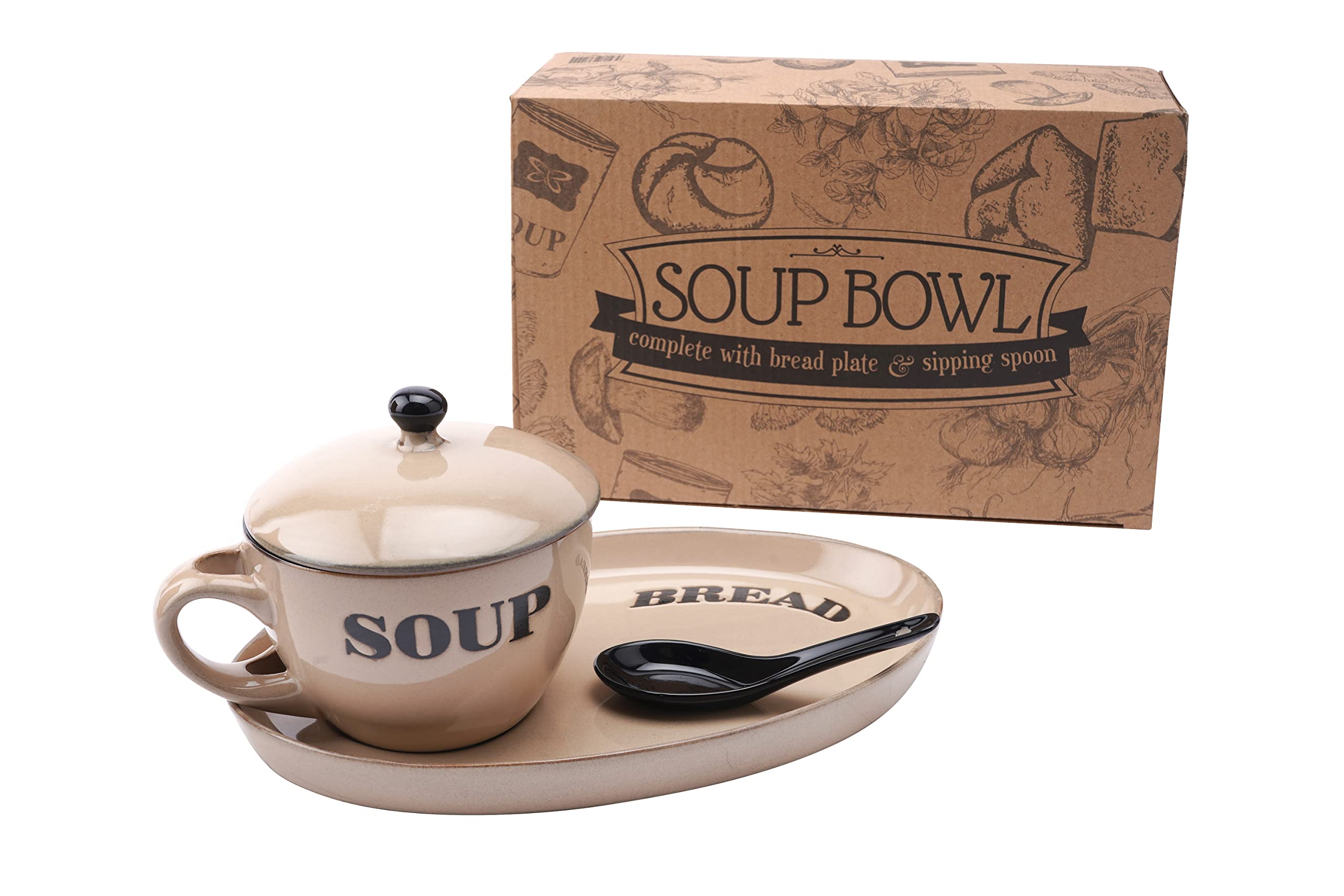 CGB Giftware | Soup Bowl Dish with Bread Serving Plate and Spoon Set | Cream Country Cottage Kitchen Rustic Style | Microwave and Dishwasher Safe | Individually Gift Boxed