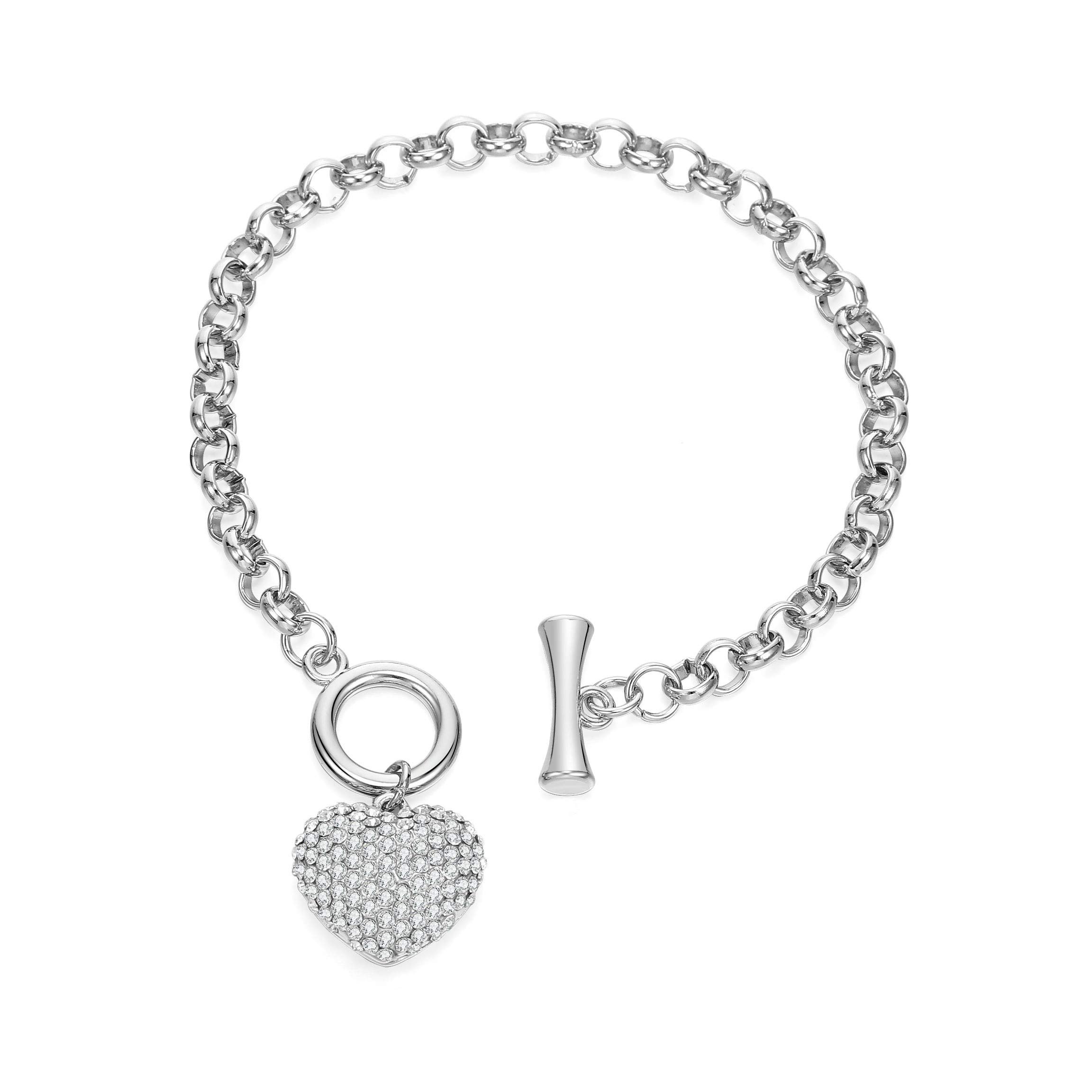 Ring T-Chain Bracelet with Hollow Love Heart Pendant with Crystal Women Bracelet for Birthday Gift