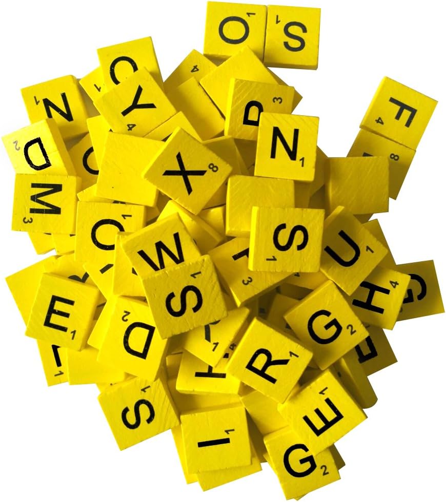 Fuhaieec 100 Wood Letter Tiles - Yellow Color - Complete Set - Game Replacement Crafts Weddings Scrapbooking
