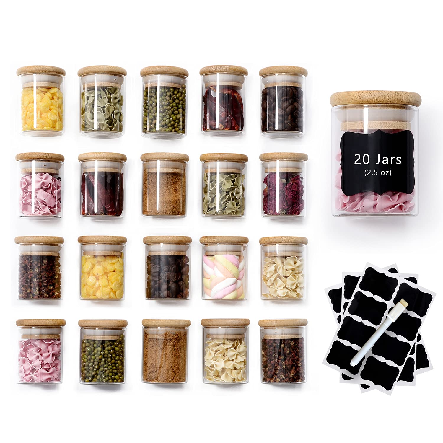 Photo 1 of (partial set) (used/fair) ZPGXLRZ 20 Pcs Glass Spice Jars with Airtight Bamboo Lids, Labels and Pen, 2.5oz Mini Clear Food Storage Containers for the Pantry, Kitchen Canisters for Tea, Herbs, Sugar, Salt, Coffee and More