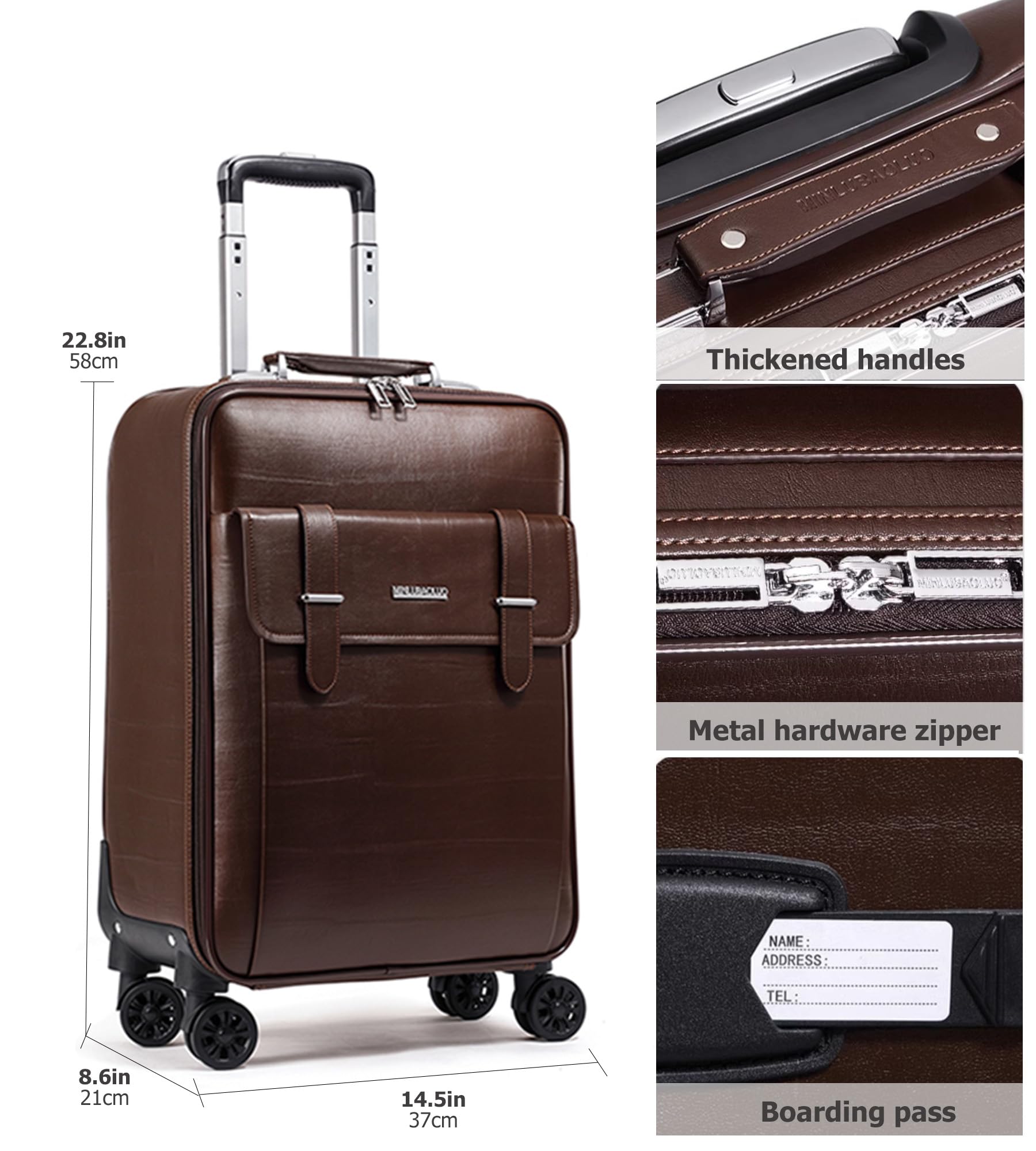 feilario Business Spinner Wheels Luggage PVC Leather Waterproof Carry-On Suitcase Aluminum Alloy Handle Soft Shell Luggage with TSA Lock (Brown, 20in)