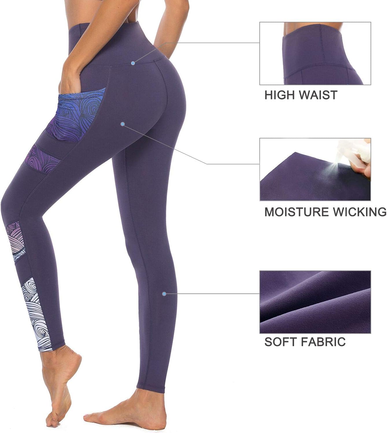 Persit Women's Printed Yoga Pants with 2 Pockets, High Waist Non See-Through Tummy Control 4 Way Stretch Leggings: Clothing