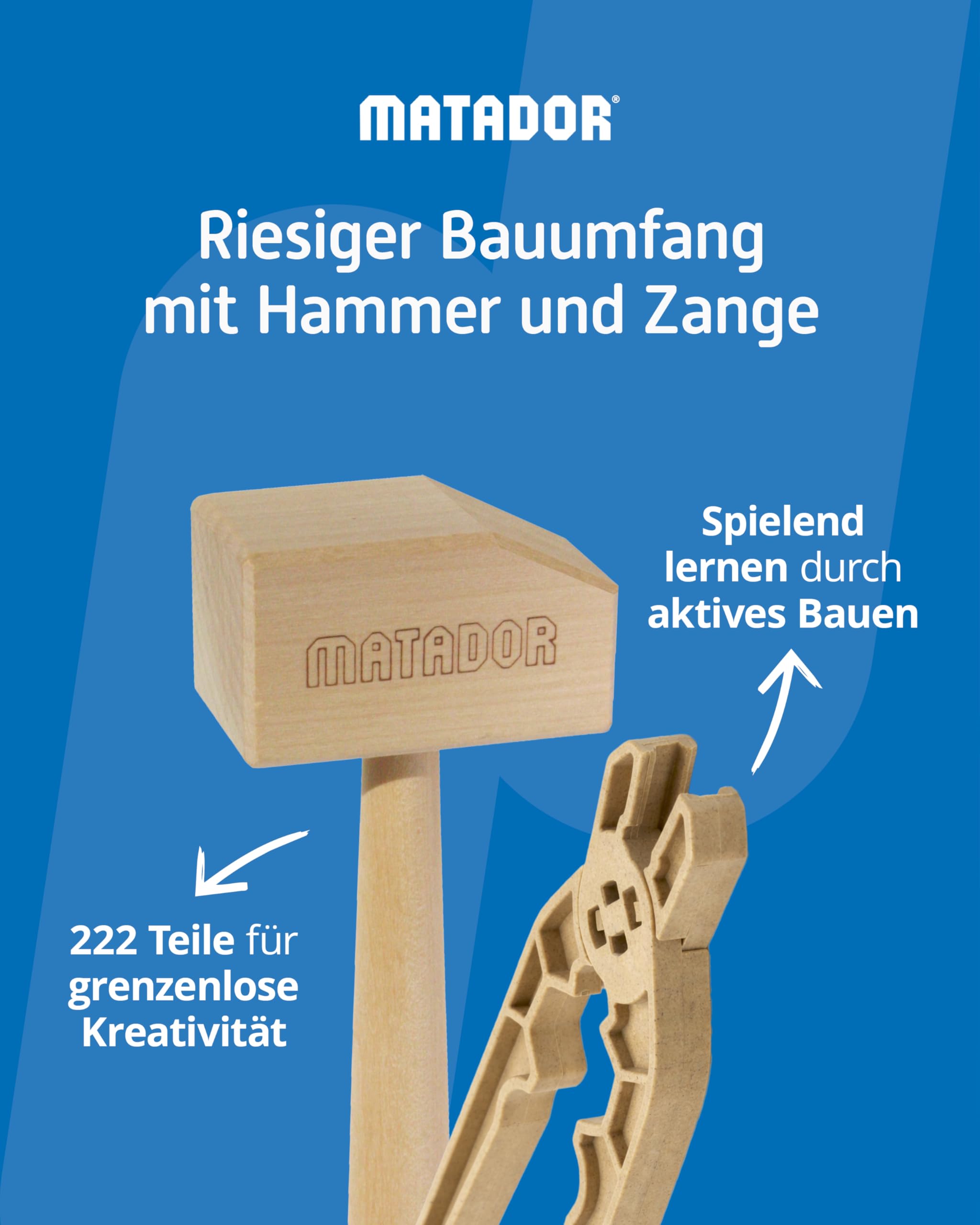 Matador Kinder Baukasten ab 5 Jahren 318-tlg. - Spannendes Holz Konstruktionsspielzeug zur Schulung von Kreativität und Feinmotorik, Bauspielzeug mit Stäbchen, Klötzen, Hammer & Zange 6