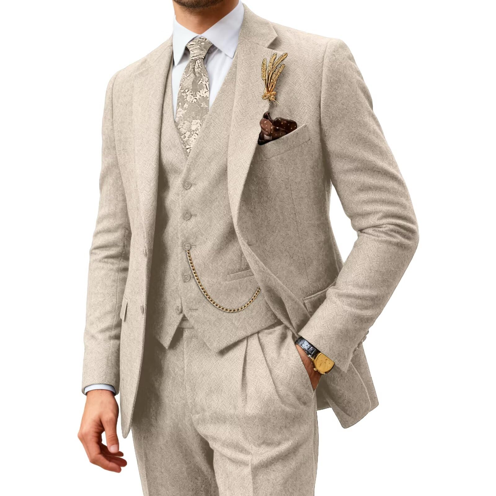 Photo 1 of Retro Herringbone Tweed Suits for Men 3 Pieces Prom Suit Set Classic Tuxedo Slim Fit Mens Jacket Pants Set Champagne XL