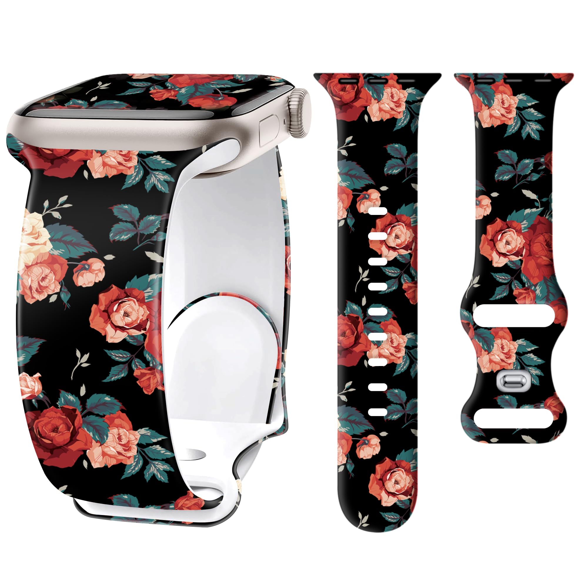 G-ficu Silicone Floral Band for Apple Watch Bands 40mm 41mm 42mm(S11/10) 38mm for Women, Cute Flower iWatch Bands, Fancy Dressy Strap for Apple Watch Band Series 11 10 9 8 7 SE 6 5 4 3-Red Rose