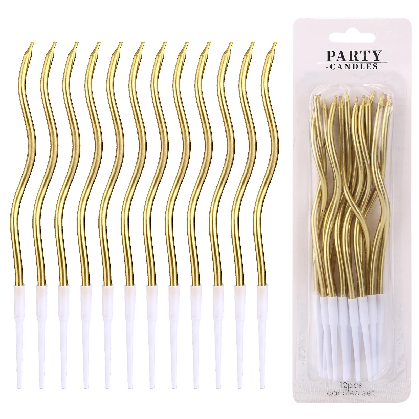 Photo 1 of 12pcs Spiral Cake Candles, Twist Slim Long Birthday Cake Candles Velas Themed Party Cupcake Sparkler Decoration with Stand for Birthday Wedding Anniversary (Gold)