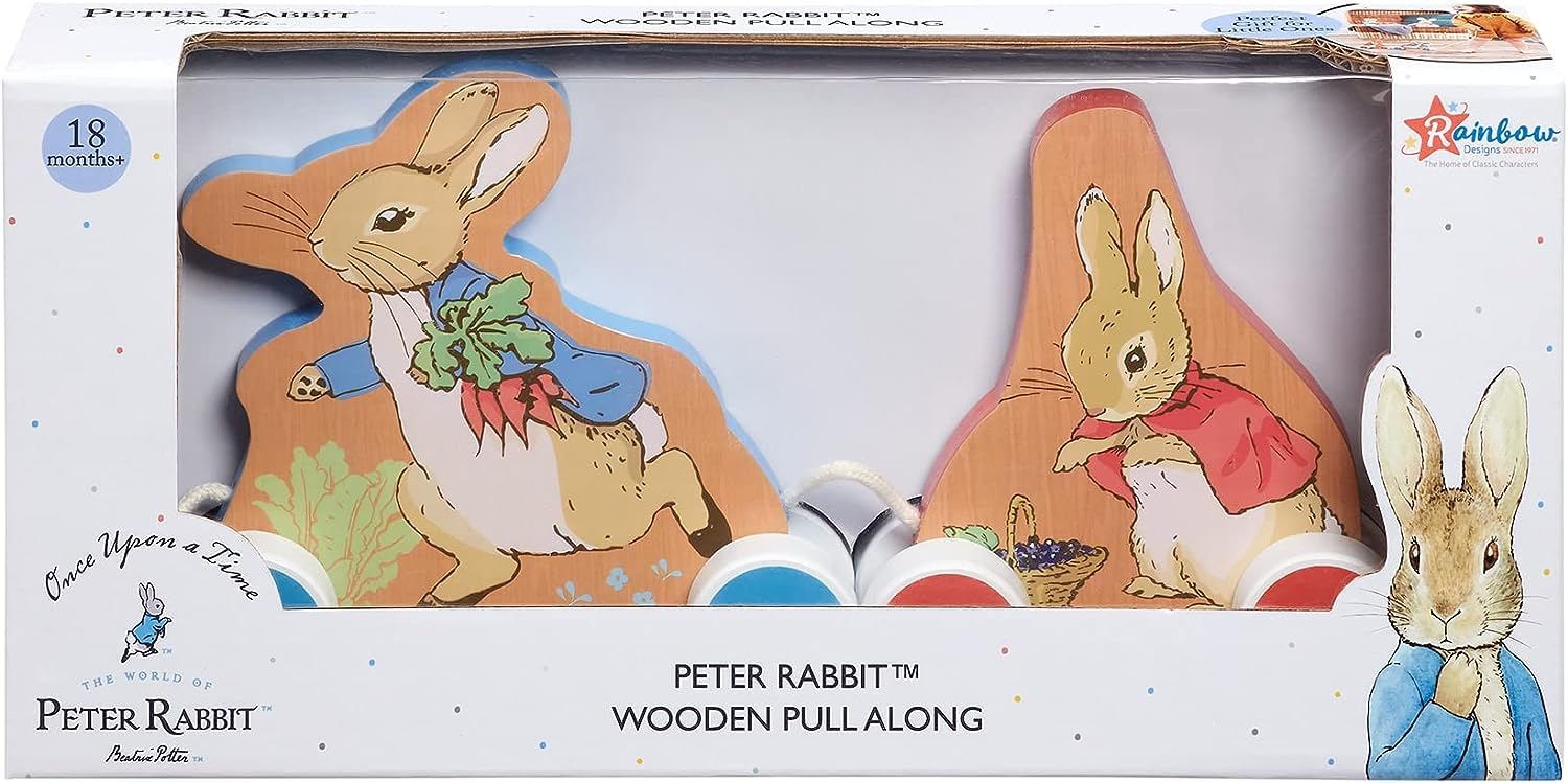 Rainbow Designs Official Peter Rabbit Wooden Pullalong – Bright and Colourful Baby Toys with Peter Rabbit and Flopsy Bunny Wooden Toy figures