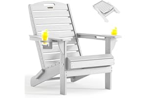 SUUNYN Folding Adirondack Chair HDPE All-Weather Adirondack Chairs with Cup Holder, Outdoor Fire Pit Chairs Lawn Chair for Deck Patio Garden (White)