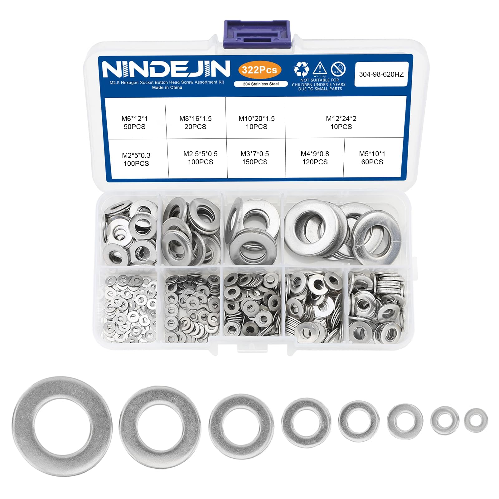 NINDEJIN 620Pcs Assorted Washers for Screws, 304 Stainless Steel Flat Washer for Bolt, 9 Sizes Metric Washers Metal Washer Assortment Kit, M2 M2.5 M3 M4 M5 M6 M8 M10 M12 for Replace Washer of Fastener — image 1