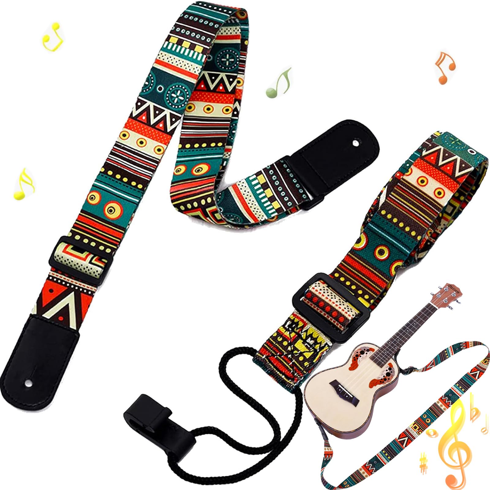 Ble 2 Pieces Ukulele Strap, Adjustable Guitar Shoulder Strap, Support Ukulele Standing Up, Multicolour, Polyester, Classic