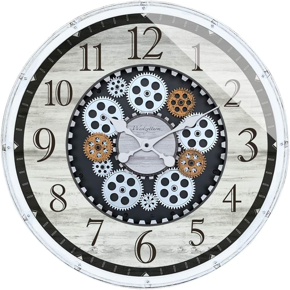 Westzytturm 20 inch Wall Clock Rustic White Round Gear Wall Clock with