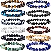 CASDAN 12PCS 8mm Semi-Precious Gemstones Beaded Bracelets for Men Women Tiger Eye Lava Rock Crystal Stone Bead Bracelets Set