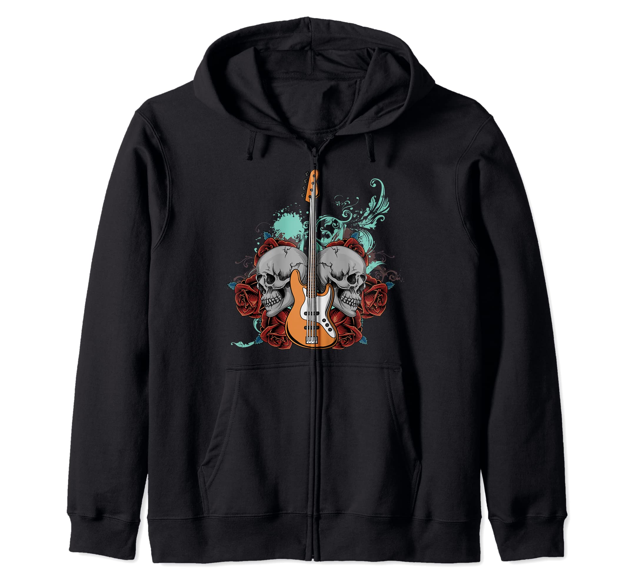 Bass Guitar Skull Red Roses - Bassist Bass Player Zip Hoodie