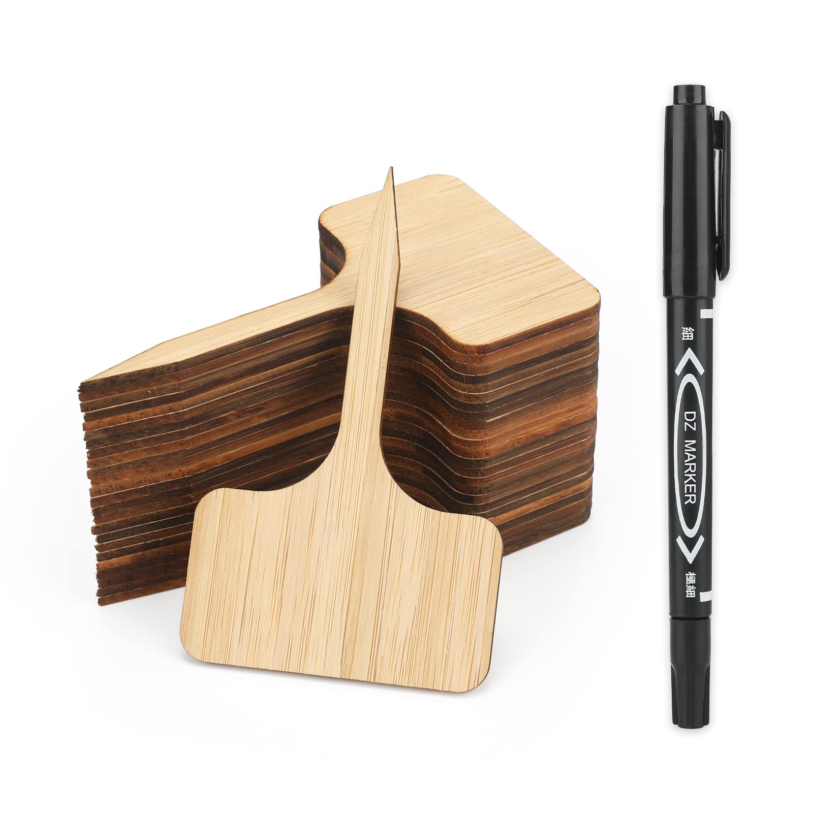 KINGLAKE 60 Pcs Bamboo Plant Labels with Marker Pen, T-Type Plant Tags Bamboo Garden Markers for Herbs Seed Flowers Vegetables (10 x 6 cm)