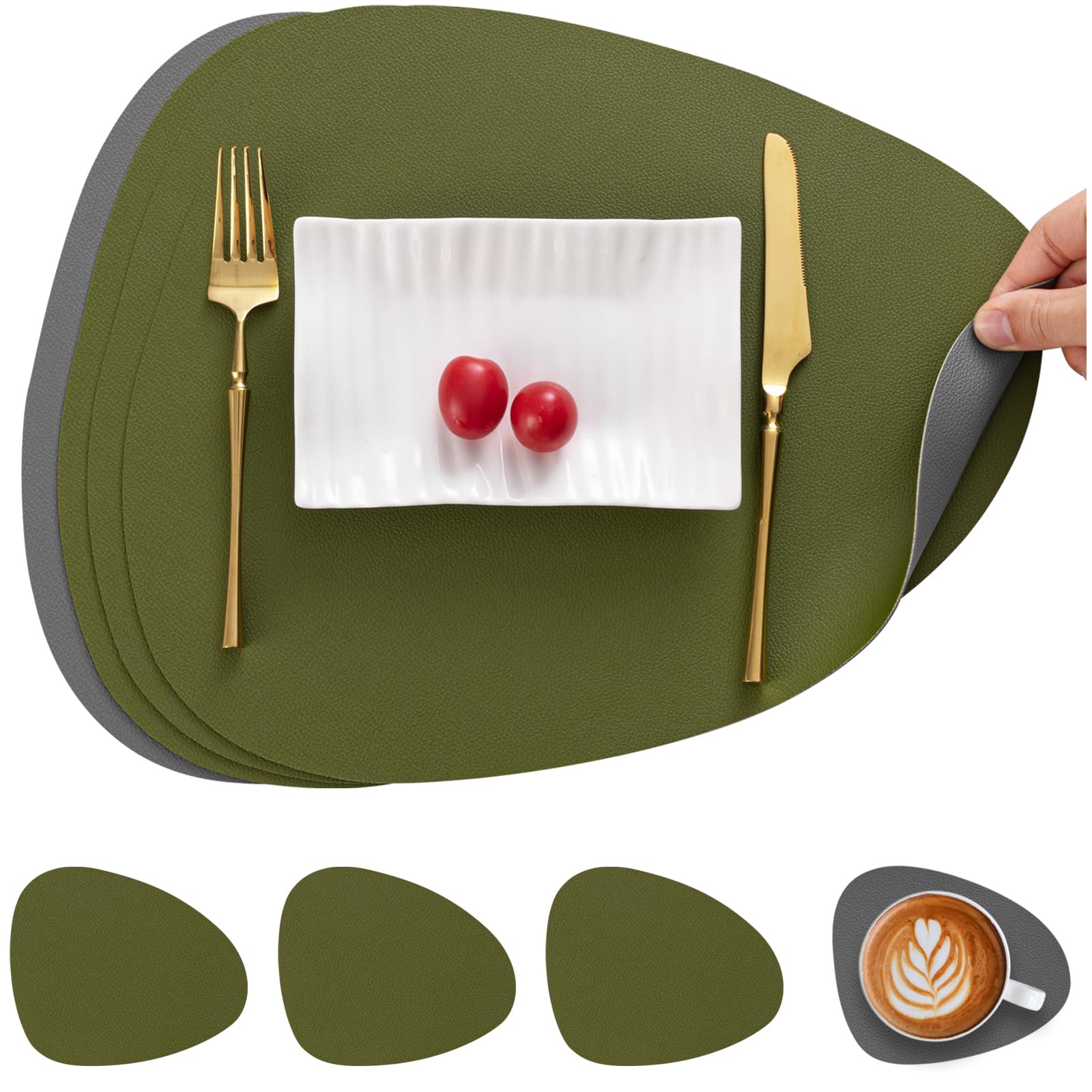 Myir JUN Leather Table Mats and Coasters, Placemat Round PU Waterproof Dual-Sided Kitchen Place Mats Coffee Mats Non-Slip Washable Placemats and Coaster Sets 4 (Set of 4, Grey Green)