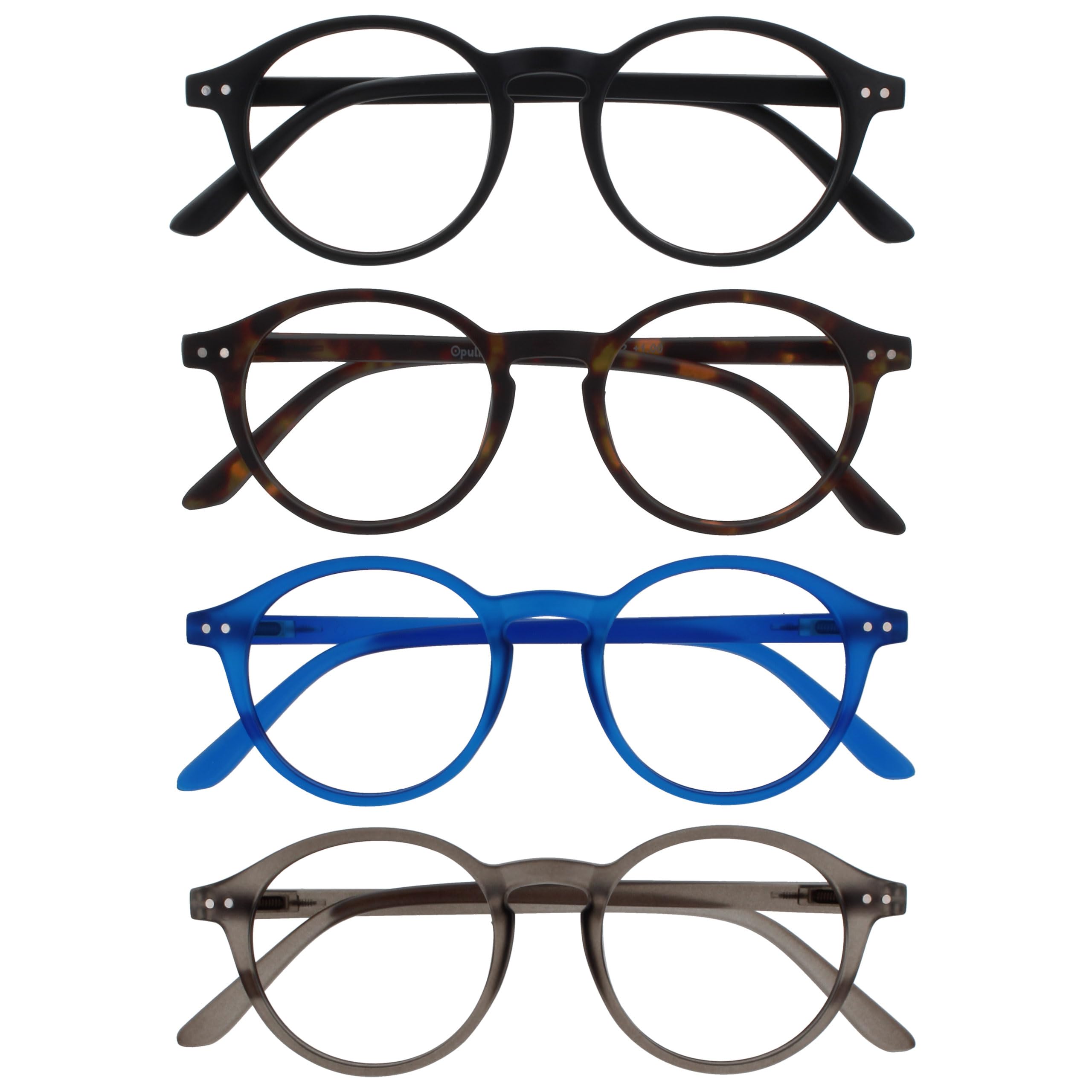 OPULIZE REY Reading Glasses - 4-Pack - Retro Round Frame - Matt Black, Brown Tortoiseshell, Blue, Grey - Mens Womens - Spring Hinges - RRRR56-1237 - +3.50