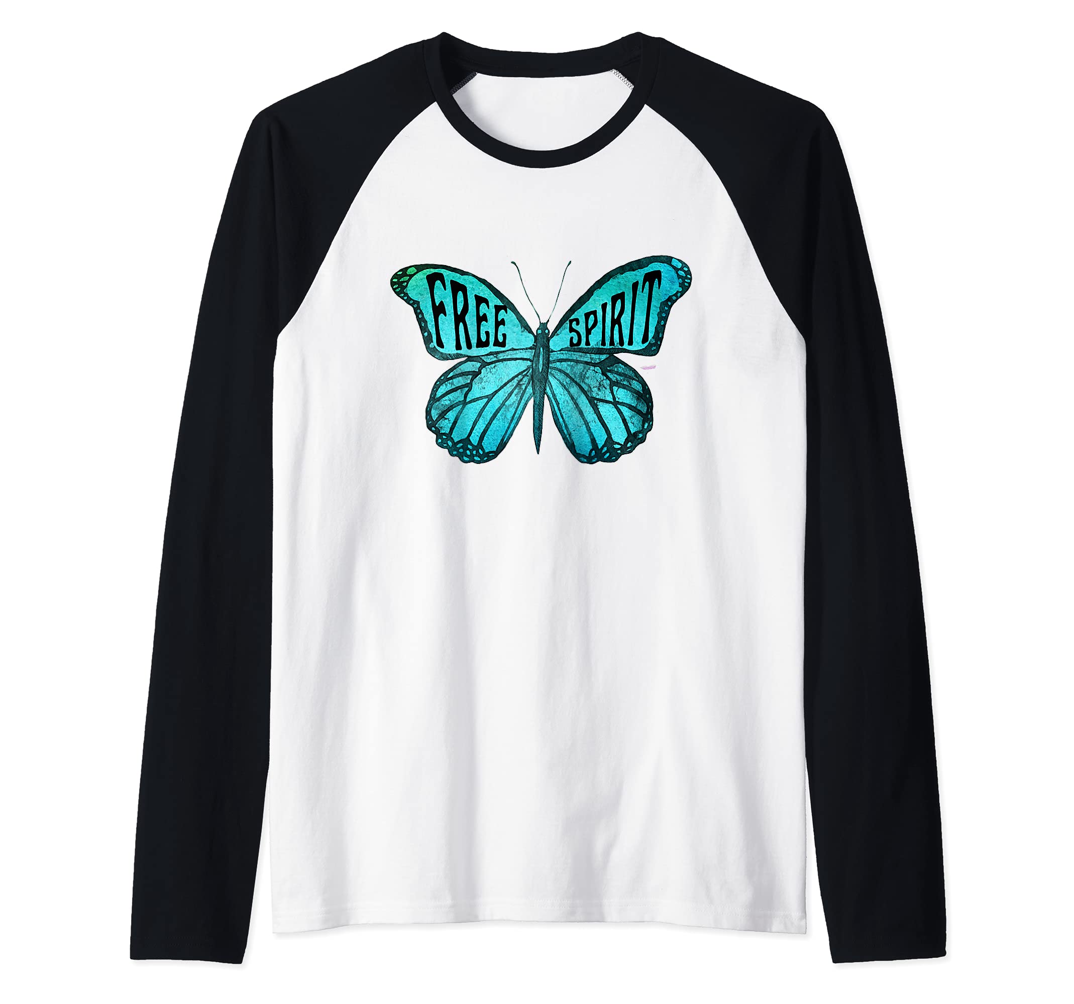 Free Spirit Butterfly Blue Motivational Raglan Baseball Tee
