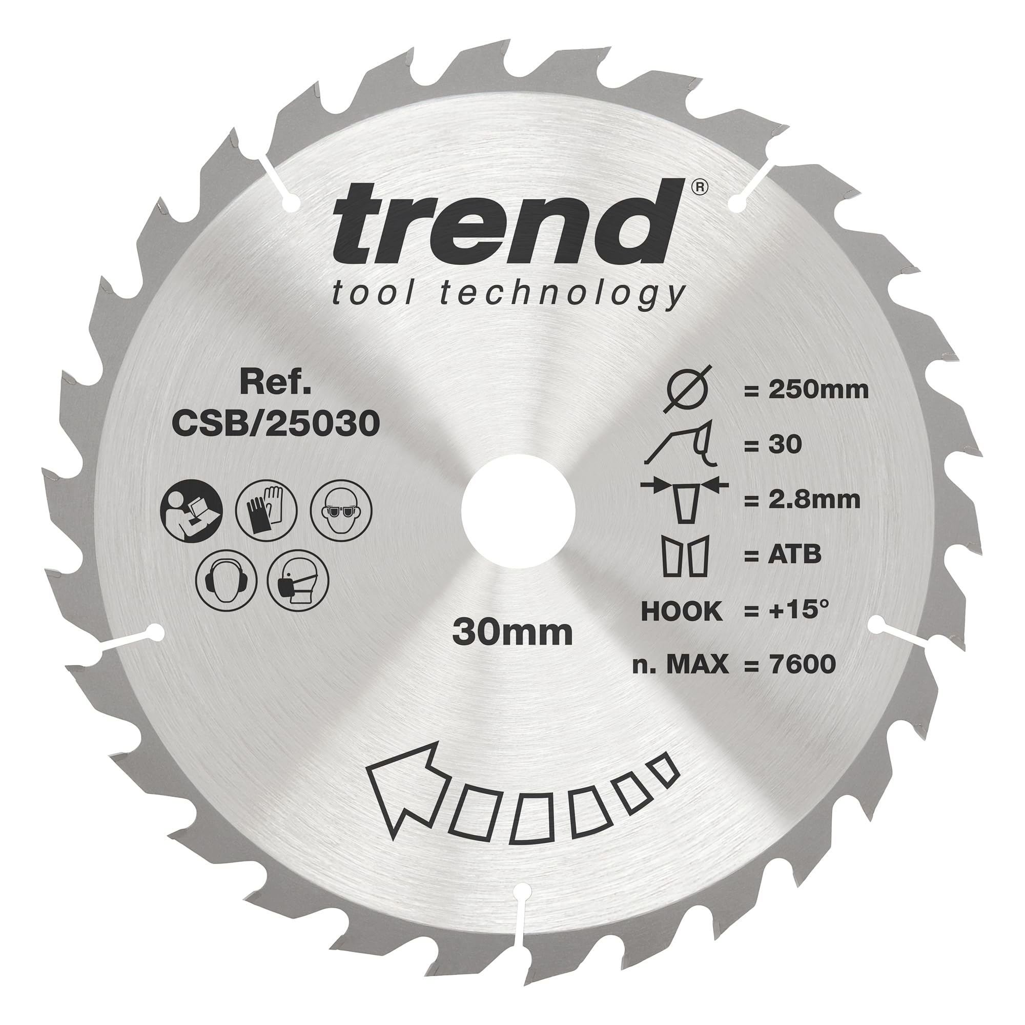 Trend Wood Circular Saw Blade, 250mm Diameter, 30mm Bore, 30 Teeth, 2.8mm Kerf, +15° Hook, TCT, Coarse Finish, CSB/25030