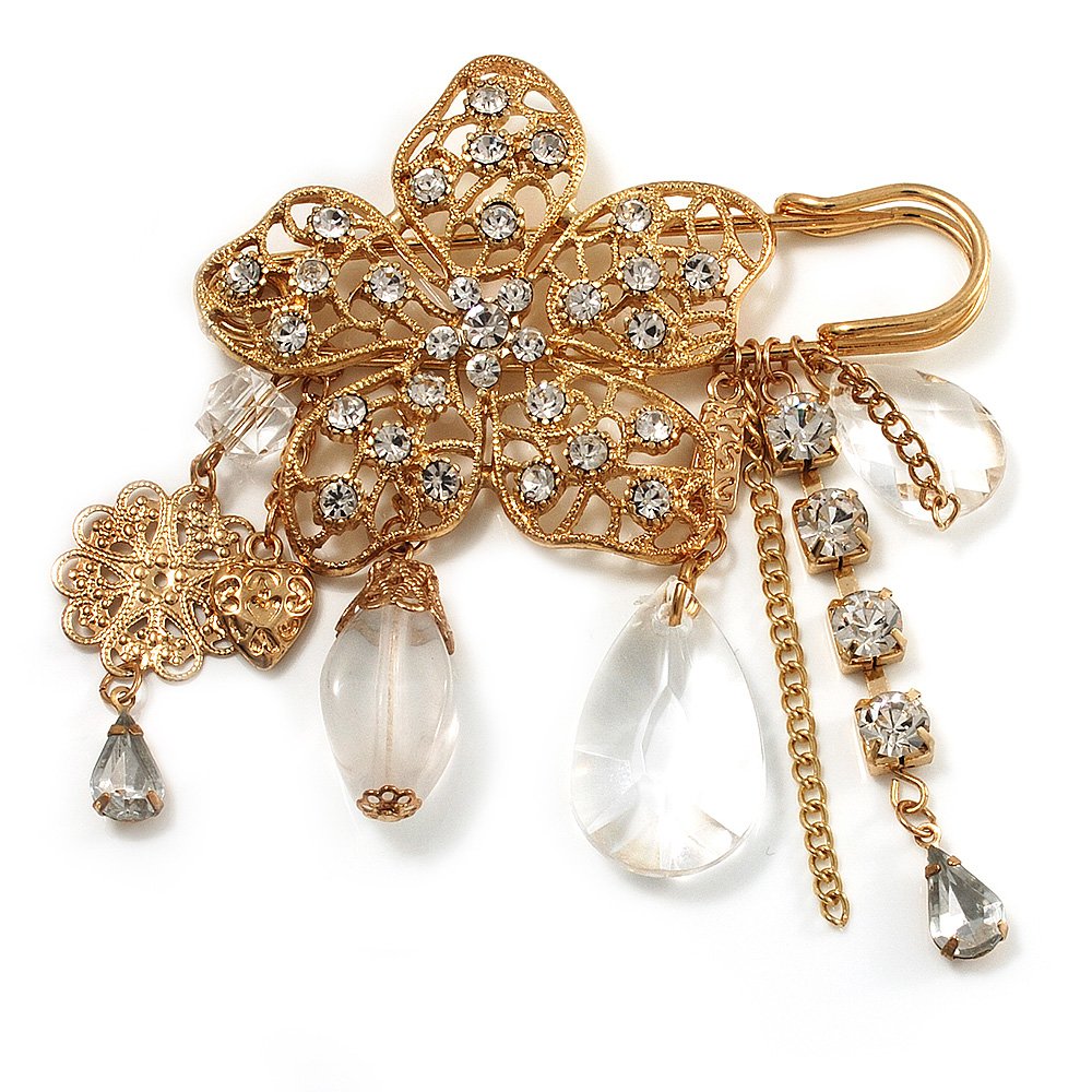 'Filigree Flower, Crystal Tassel & Acrylic Bead' Charm Safety Pin Brooch (Gold Tone)