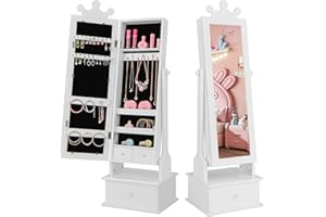 HONEY JOY Kids Jewelry Armoire Cabinet, 2-Angle Tilting Wooden Standing Jewelry Organizer with Full-length Mirror and Storage Drawers, Children Dress Up Jewelry Cabinet for Little Girls (White)