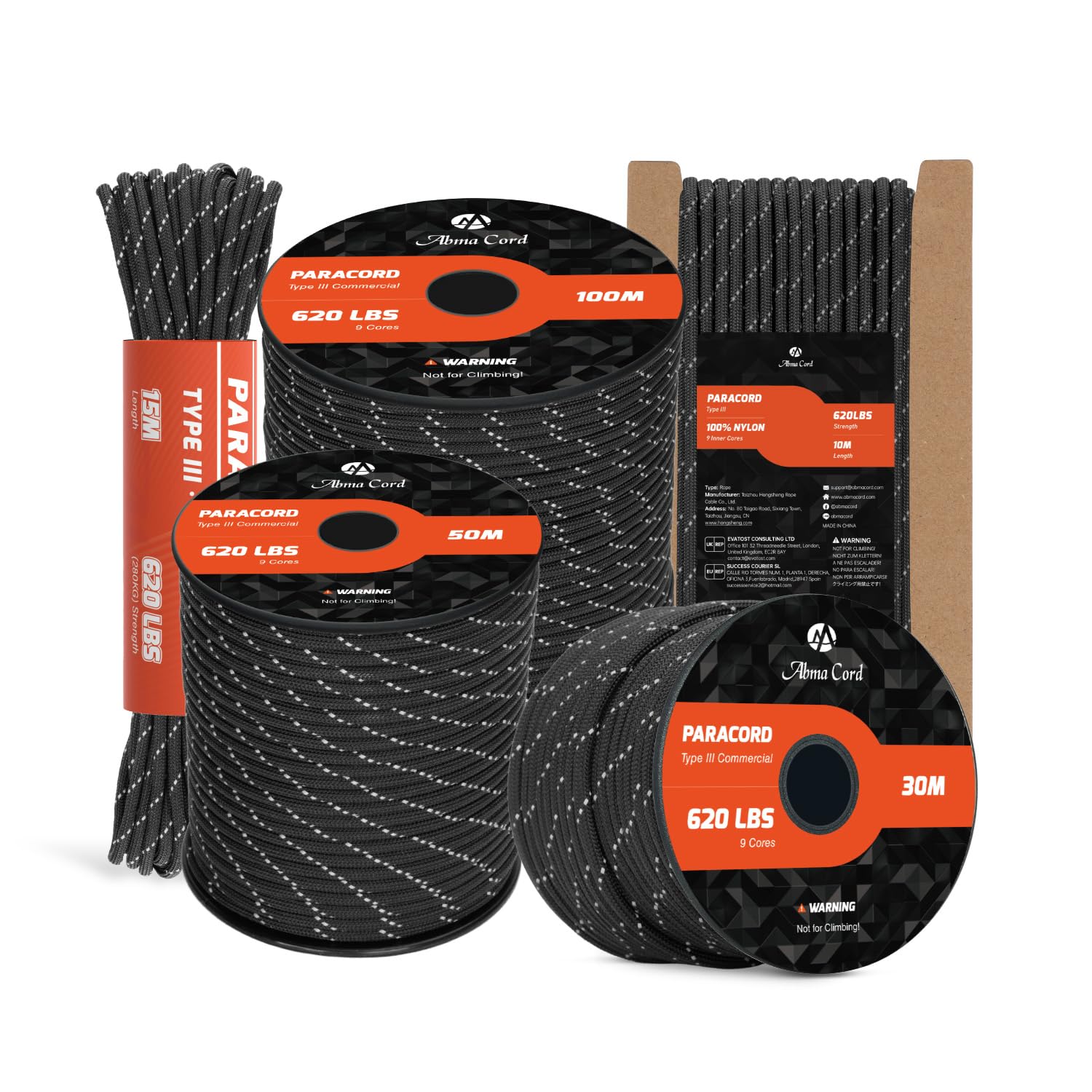 Abma Cord Paracord 4mm 15m 100% Nylon Rope 9 Strands Type III Parachute Cord for DIY, Camping, Survival, Outdoor - Max. 280kg - Reflective Black
