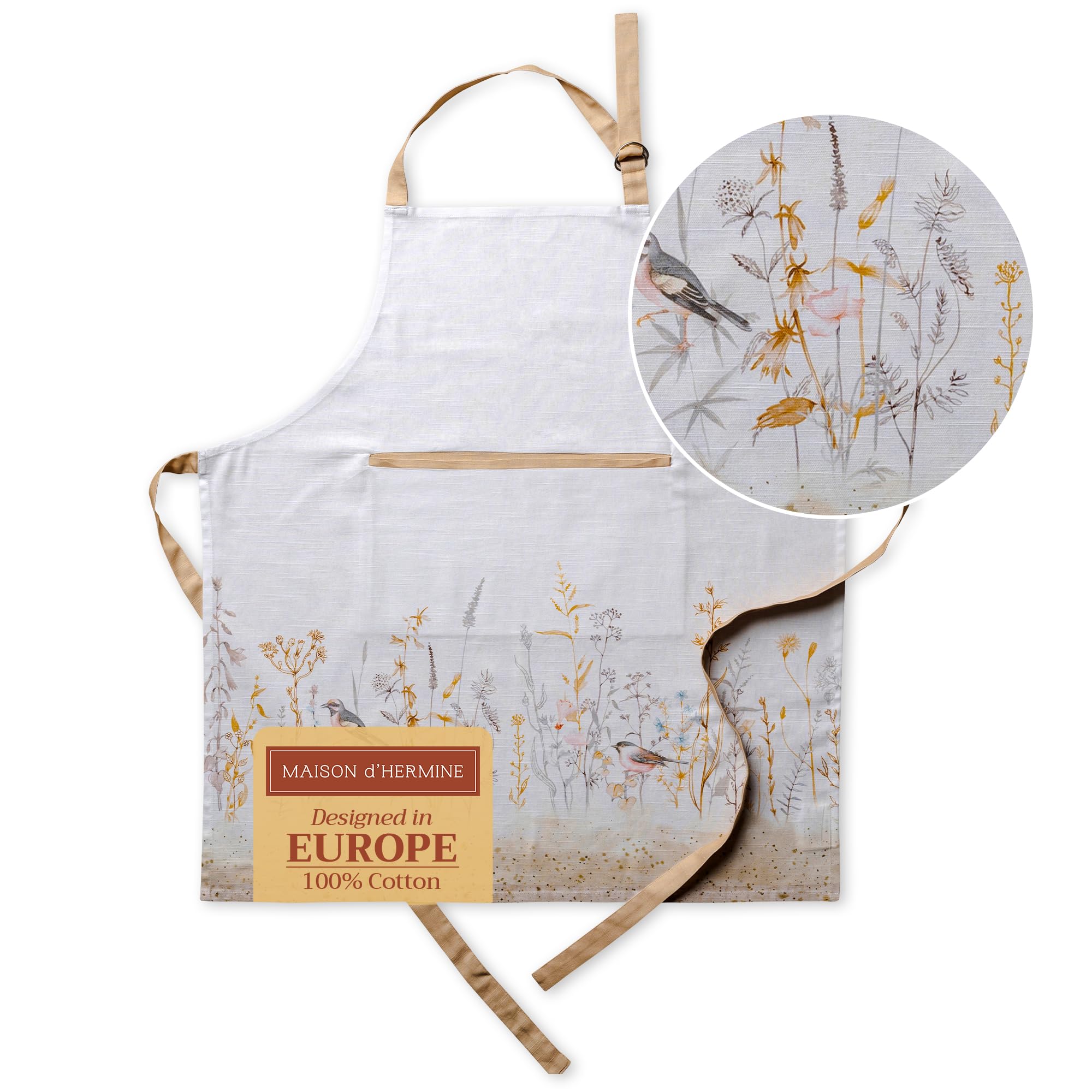 Maison d' Hermine 100% Cotton Apron for women with Pocket Kitchen Chef Spring/Summer Apron for Men Cooking Gardening Server Waitress Maid - (Meadow Florals - Beige, 85 cm x 70 cm)
