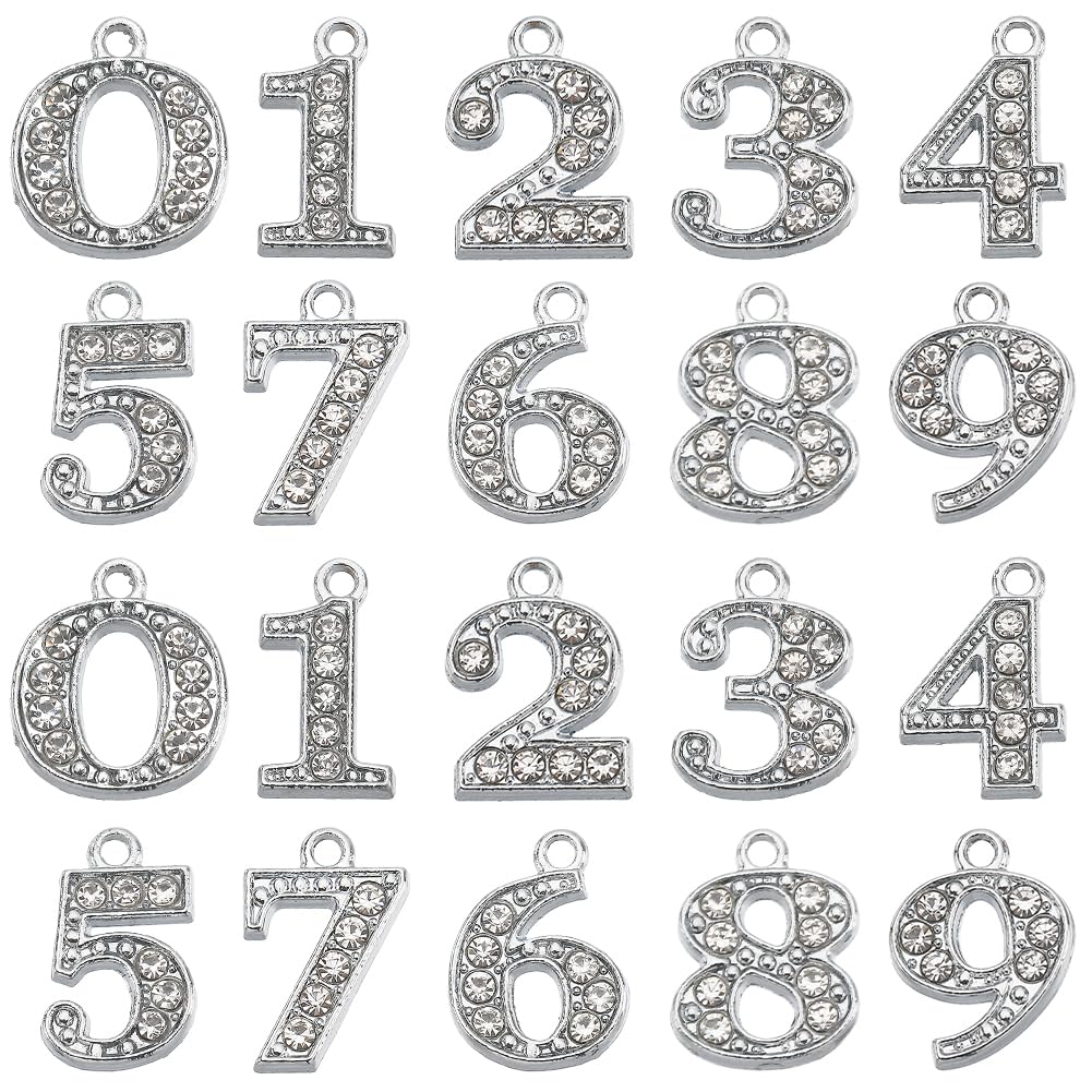 SUNNYCLUE 1 Box 40Pcs Rhinestone Number Charms Silver Numbers Charm Bulk Alloy Rhinestone Figure 0~9 Lucky Sports Numeral Charms for Jewelry Making Charms Necklace Bracelet Earrings Athletes Crafts