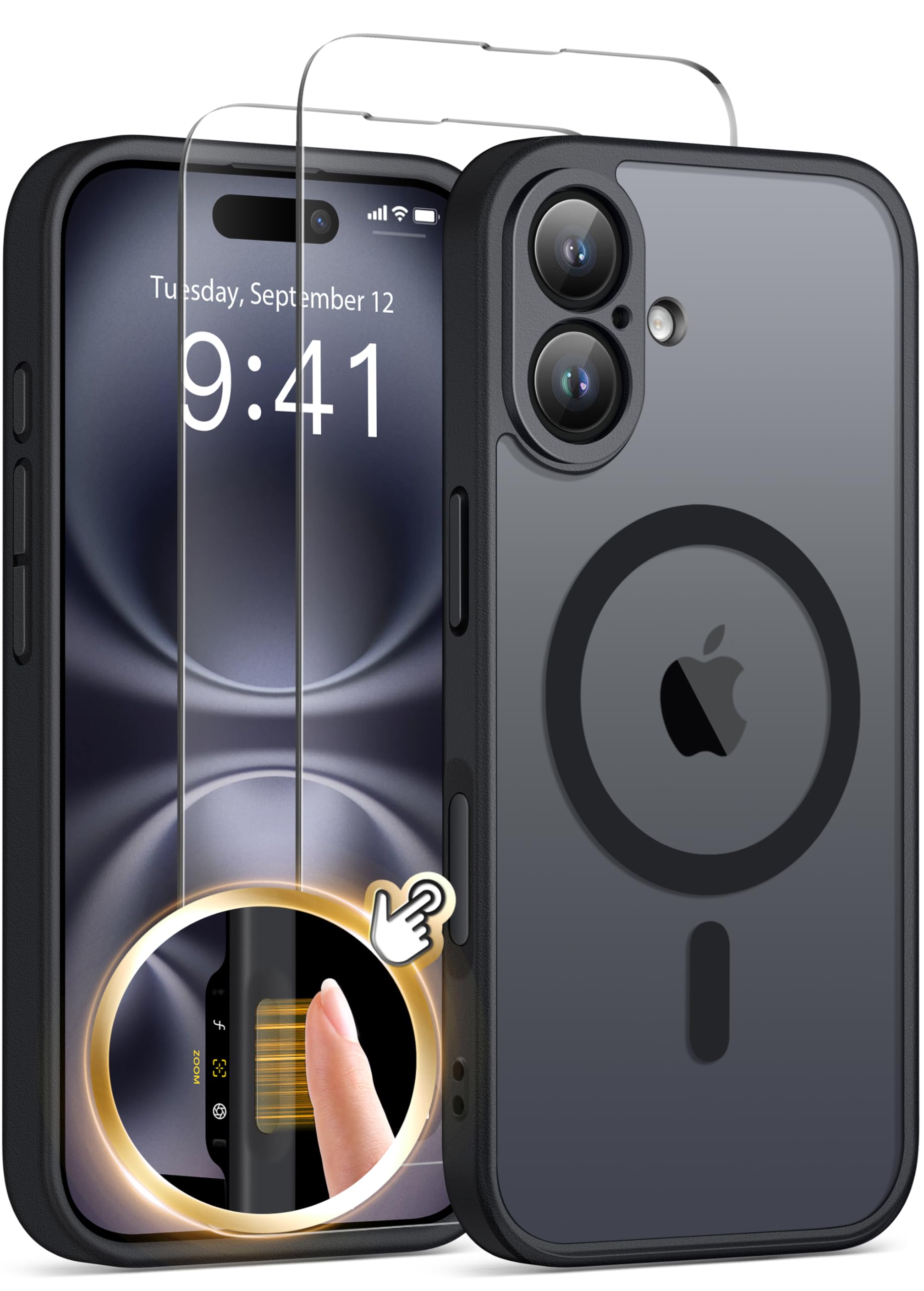 Magnetic for iPhone 16 Plus Case with Camera Control Capture Button,Compatible with MagSafe,[Full Camera Protection][2X Screen Protectors]Matte Translucent Phone Cover for iPhone 16 Plus 6.7"(Black)