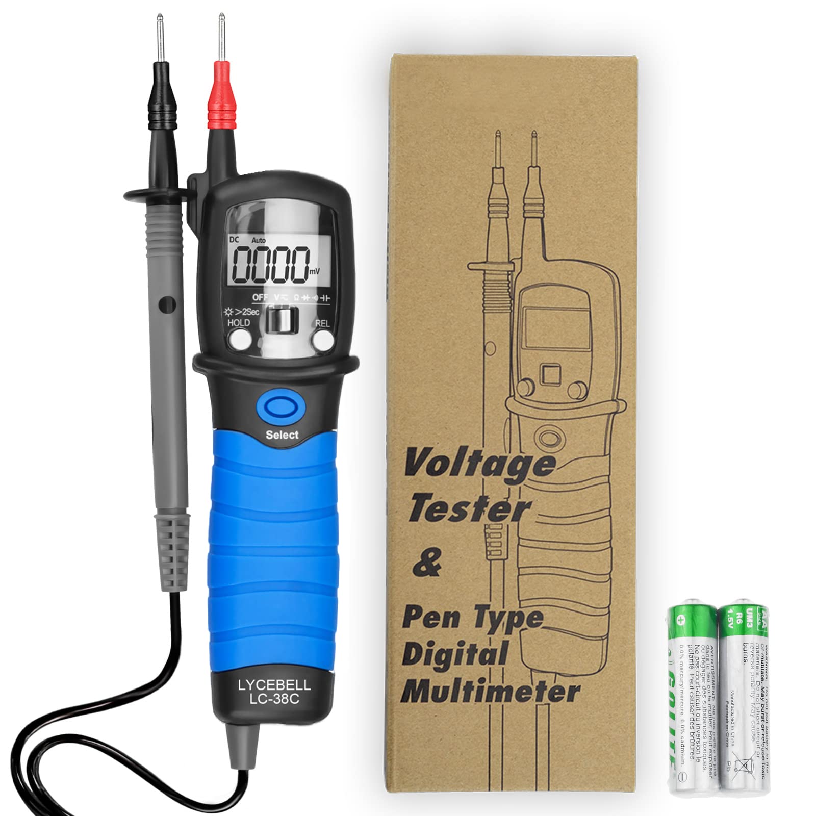 LYCEBELL Voltage and Continuity Tester, LC-38C Pen Type Digital Multimeter for Measuring DC AC Voltage 600V Resistance Capacitance Diode, Auto Range Voltmeter with Test Leads, Date Hold & Flashlight