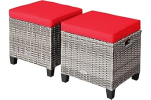 RELAX4LIFE 2-Piece Patio Rattan Ottomans - Outdoor Wicker Furniture w/ 2 Footrest Stools, Comfortable Cushions & Steel Metal Frame, All-Weather Patio Set for Backyard,Garden (Red)