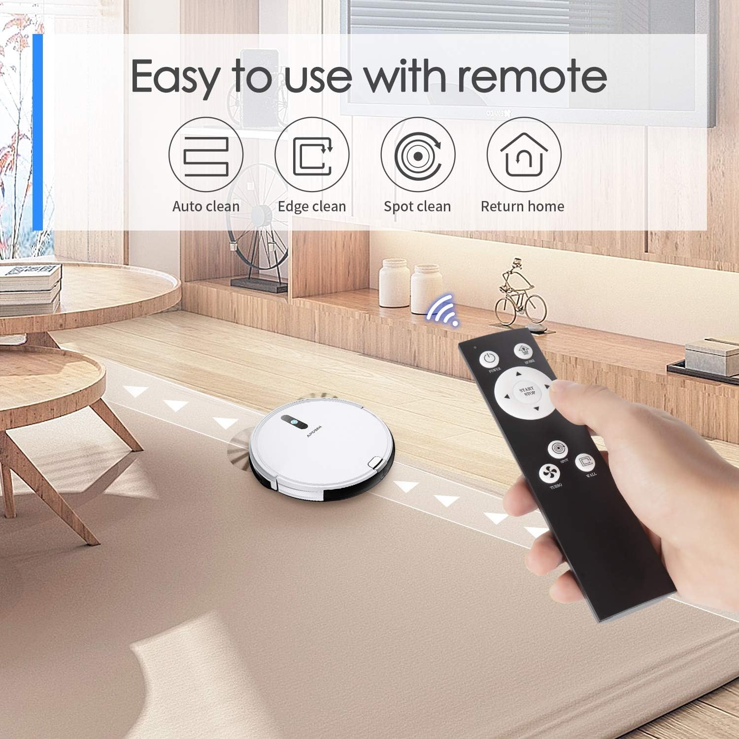 APOSEN Robot Vacuum, 1500Pa Strong Suction Robotic Vacuum Cleaner, 2.7" Super Thin Vacuum Robot with Multiple Cleaning Modes, Ultra-Quiet Ideal for Pet Hair Low-Pile Carpets& Most Floor Types, A450 -