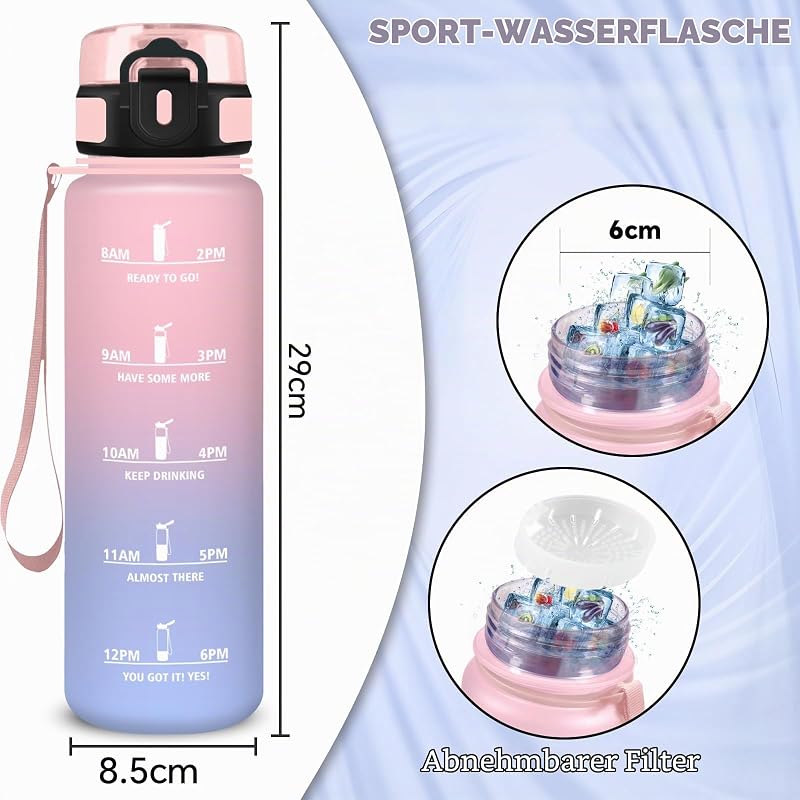 Trinkflasche 1l, Wasserflasche Sport, Trinkflasche Kohlensäure Geeignet, Wasserflasche Auslaufsicher, mit Zeitmarkierung und Filter, Leicht zu Reinigen, für Schule, Büro, Outdoor, Camping, Running