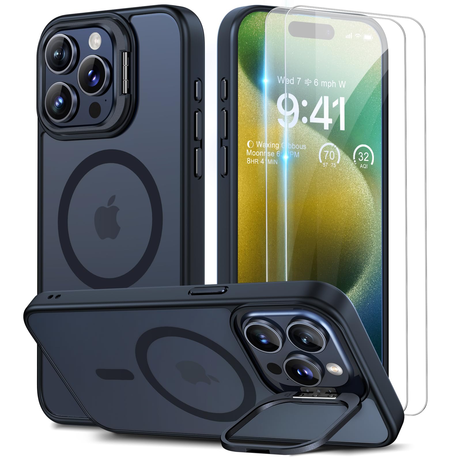 Beeasy for iPhone 15 Pro Max Case MagSafe Phone Case with 2 Screen Protectors and Stand, Military Shockproof Protective Slim Cover, Case for iPhone 15 Pro Max 6.7 Inch, Translucent Black