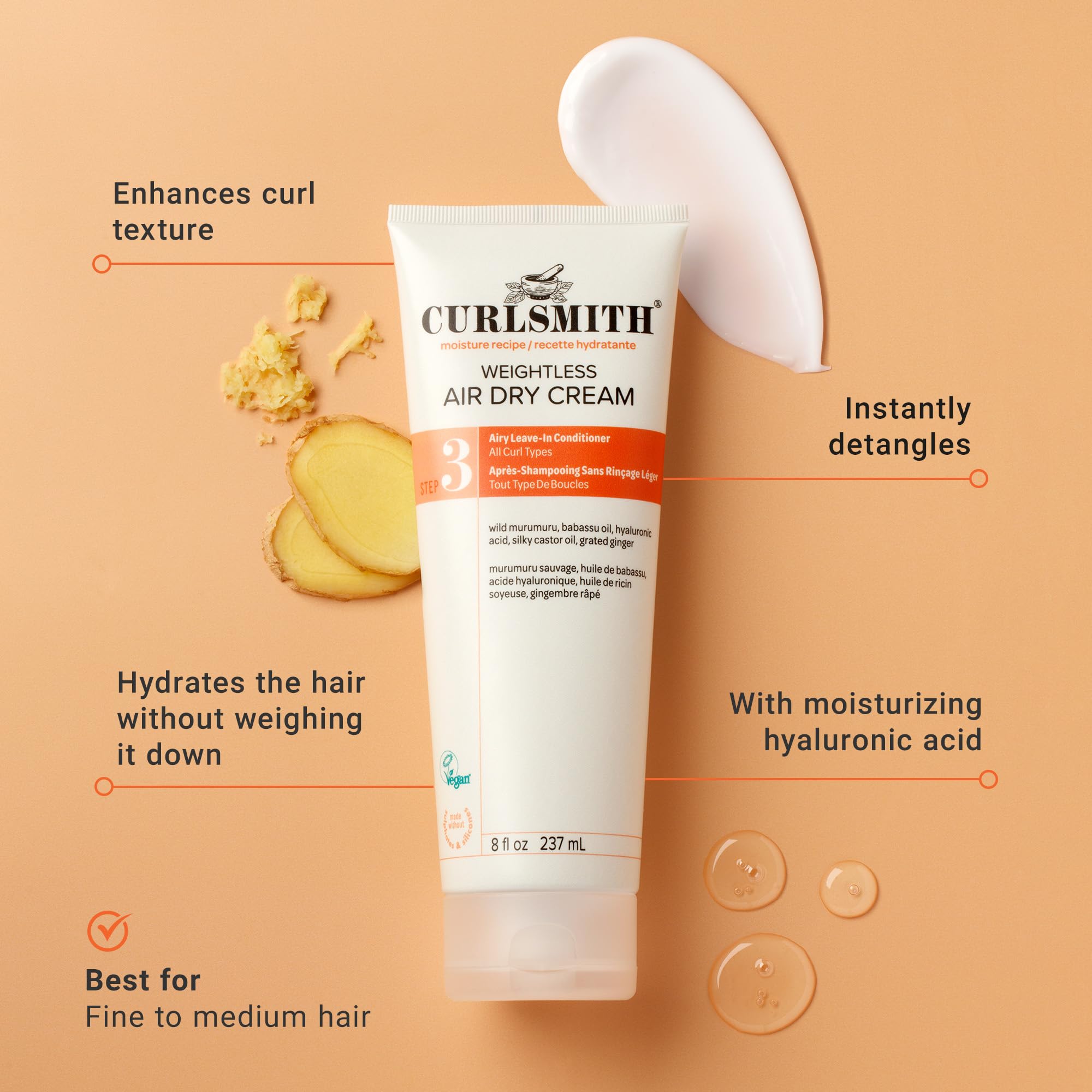 CURLSMITH Weightless Air Cream - Air Dry Curl Cream, Hydrating and Detangling, Best Leave-In for Dry Curly Hair, For All Curl Types, Vegan & Cruelty Free